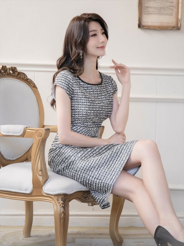 画像6: [送料無料][SETTAN]ブラック×ホワイト・ツイード・タイト・フレンチリーブ・ミニドレス・ワンピース[即日発送][大きいサイズあり] (6)