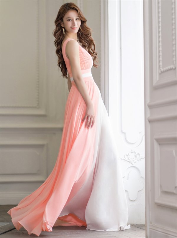 画像2: [送料無料][SETTAN]ピンク×ホワイト・バイカラー・シフォン・Vネック・ハイウエスト・Aライン・ロングドレス[即日発送][大きいサイズあり] (2)