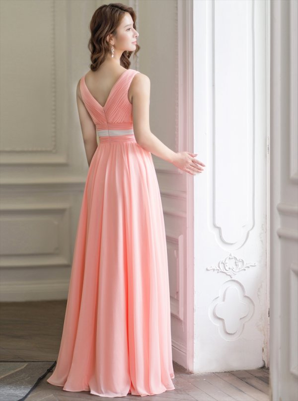 画像3: [送料無料][SETTAN]ピンク×ホワイト・バイカラー・シフォン・Vネック・ハイウエスト・Aライン・ロングドレス[即日発送][大きいサイズあり] (3)