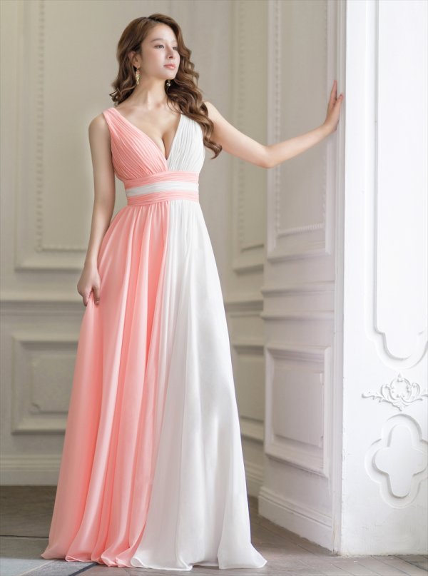 画像5: [送料無料][SETTAN]ピンク×ホワイト・バイカラー・シフォン・Vネック・ハイウエスト・Aライン・ロングドレス[即日発送][大きいサイズあり] (5)