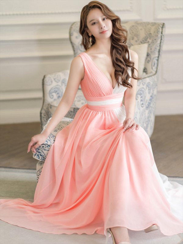 画像6: [送料無料][SETTAN]ピンク×ホワイト・バイカラー・シフォン・Vネック・ハイウエスト・Aライン・ロングドレス[即日発送][大きいサイズあり] (6)