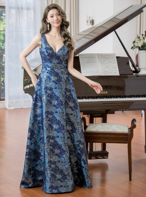 画像2: [送料無料][SETTAN]ネイビー・ピンク×ゴールド・ホワイト・ピンク×シルバー・ブルー・花柄・Vネック・フレア・Aライン・ロングドレス[即日発送][大きいサイズあり] (2)