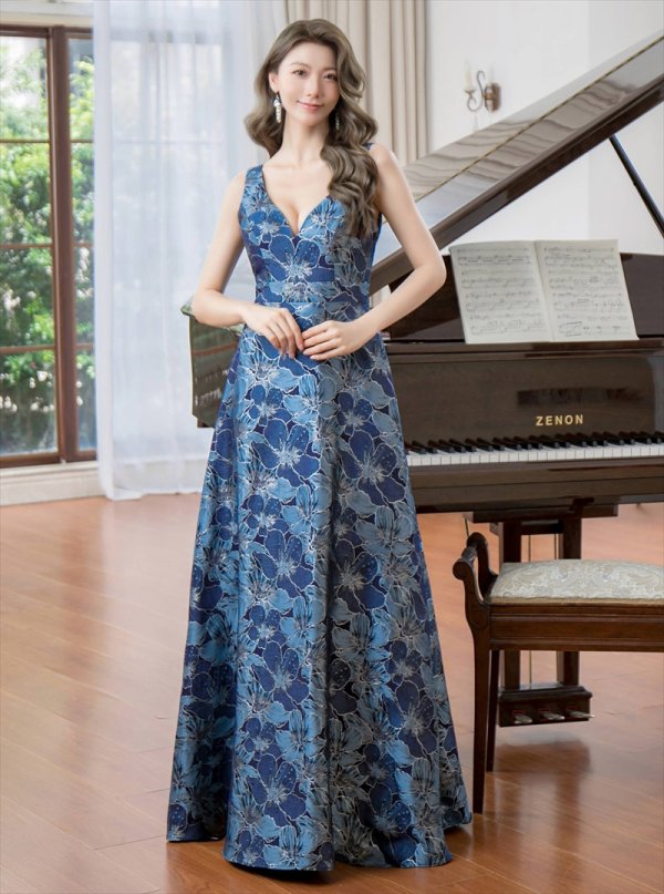 画像15: [送料無料][SETTAN]ホワイト・ピンク×シルバー・ネイビー・ピンク×ゴールド・ブルー・花柄・Vネック・フレア・Aライン・ロングドレス[即日発送][大きいサイズあり] (15)