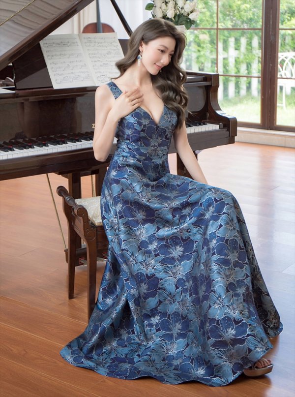 画像6: [送料無料][SETTAN]ネイビー・ピンク×ゴールド・ホワイト・ピンク×シルバー・ブルー・花柄・Vネック・フレア・Aライン・ロングドレス[即日発送][大きいサイズあり] (6)