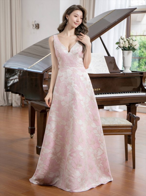 画像2: [送料無料][SETTAN]ピンク×ゴールド・ホワイト・ピンク×シルバー・ネイビー・ブルー・花柄・Vネック・フレア・Aライン・ロングドレス[即日発送][大きいサイズあり] (2)