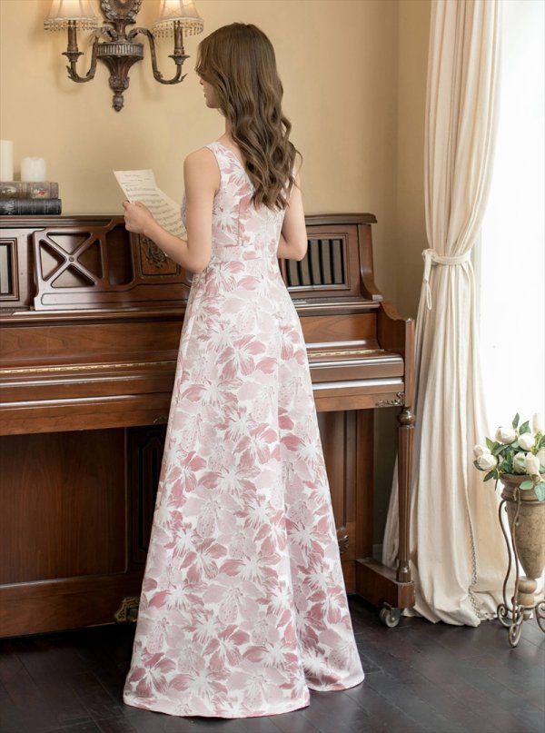 画像9: [送料無料][SETTAN]ホワイト・ピンク×シルバー・ネイビー・ピンク×ゴールド・ブルー・花柄・Vネック・フレア・Aライン・ロングドレス[即日発送][大きいサイズあり] (9)