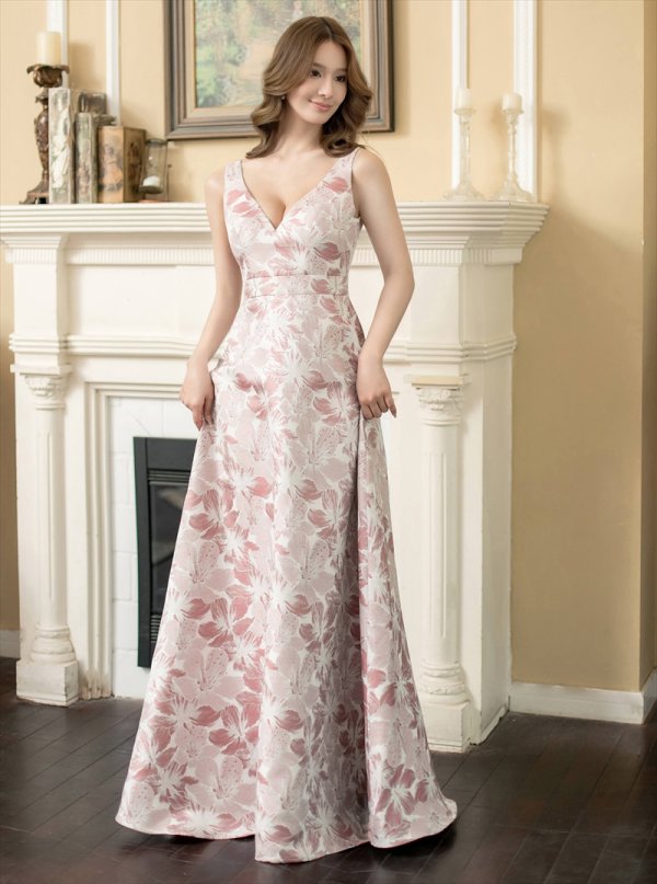 画像5: [送料無料][SETTAN]ピンク×シルバー・ネイビー・ピンク×ゴールド・ホワイト・ブルー・花柄・Vネック・フレア・Aライン・ロングドレス[即日発送][大きいサイズあり] (5)