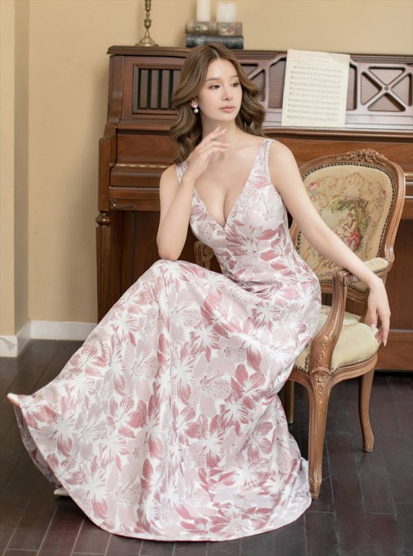 画像11: [送料無料][SETTAN]ホワイト・ピンク×シルバー・ネイビー・ピンク×ゴールド・ブルー・花柄・Vネック・フレア・Aライン・ロングドレス[即日発送][大きいサイズあり] (11)