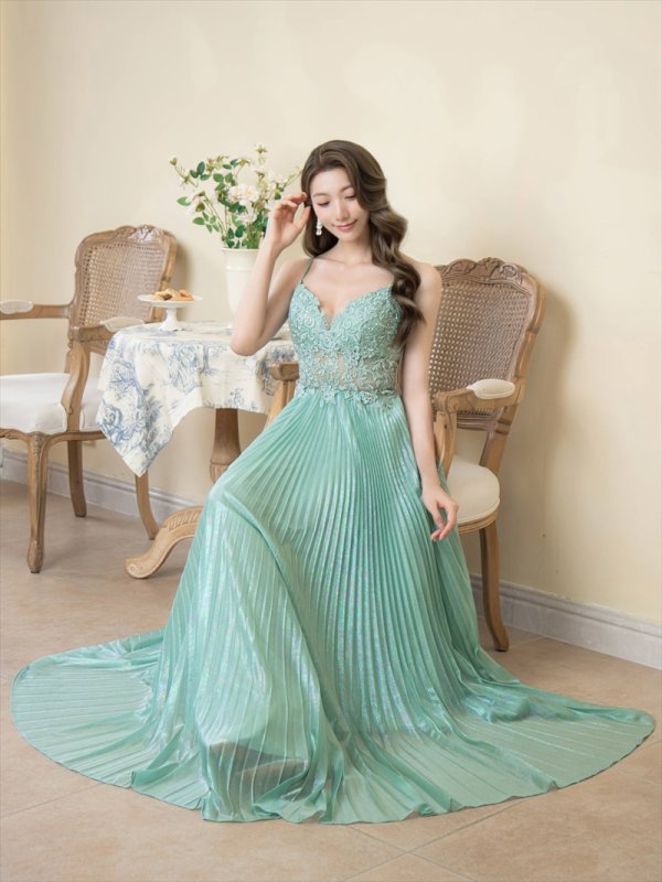 画像12: [送料無料][SETTAN]ホワイト・グリーン・パープル・キャミソール・プリーツ・レース・ビーズ・シアー・エレガント・ロングドレス[即日発送][大きいサイズあり] (12)