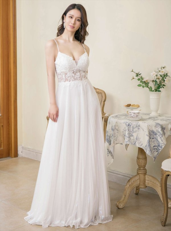 画像2: [送料無料][SETTAN]ホワイト・グリーン・パープル・キャミソール・プリーツ・レース・ビーズ・シアー・エレガント・ロングドレス[即日発送][大きいサイズあり] (2)