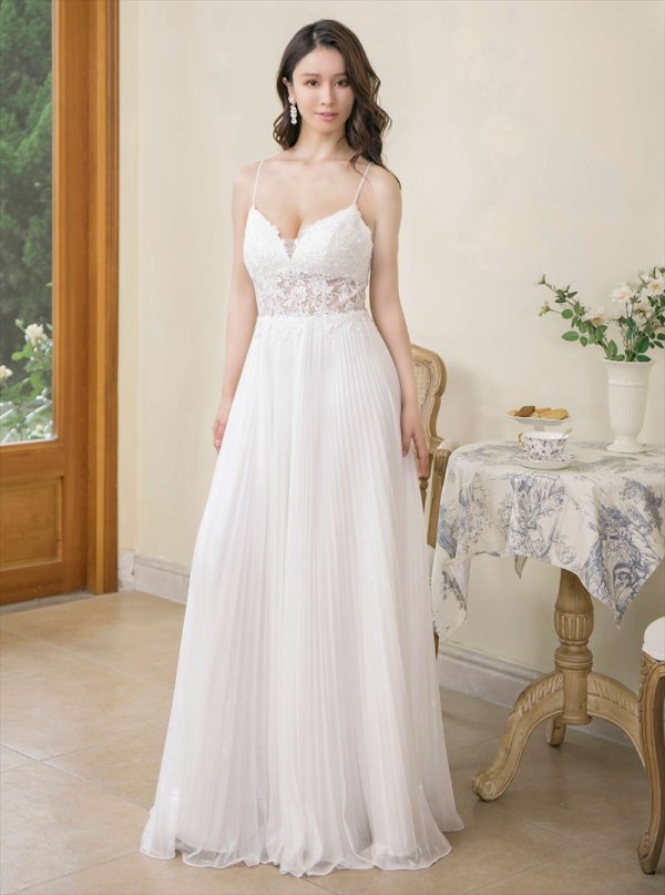 画像3: [送料無料][SETTAN]ホワイト・グリーン・パープル・キャミソール・プリーツ・レース・ビーズ・シアー・エレガント・ロングドレス[即日発送][大きいサイズあり] (3)