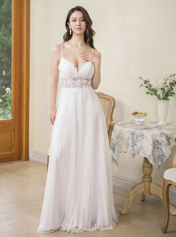 画像6: [送料無料][SETTAN]ホワイト・グリーン・パープル・キャミソール・プリーツ・レース・ビーズ・シアー・エレガント・ロングドレス[即日発送][大きいサイズあり] (6)