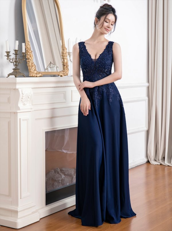 画像13: [送料無料][SETTAN]ベージュ・ワインレッド・ネイビー・ホワイト・ロイヤルブルー・エレガント・レース・金糸・ラインストーン・シアー・Aライン・ロングドレス[即日発送][大きいサイズあり] (13)