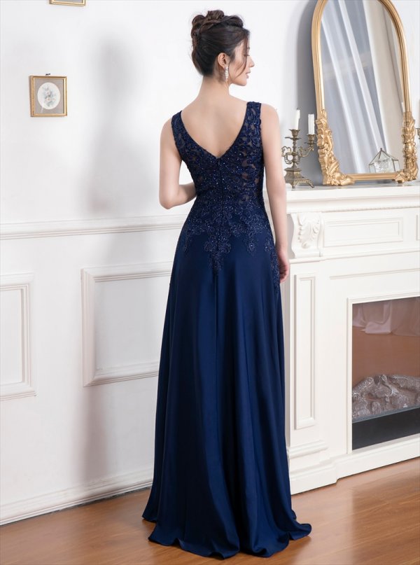 画像18: [送料無料][SETTAN]ホワイト・ベージュ・ワインレッド・ネイビー・ロイヤルブルー・エレガント・レース・金糸・ラインストーン・シアー・Aライン・ロングドレス[即日発送][大きいサイズあり] (18)