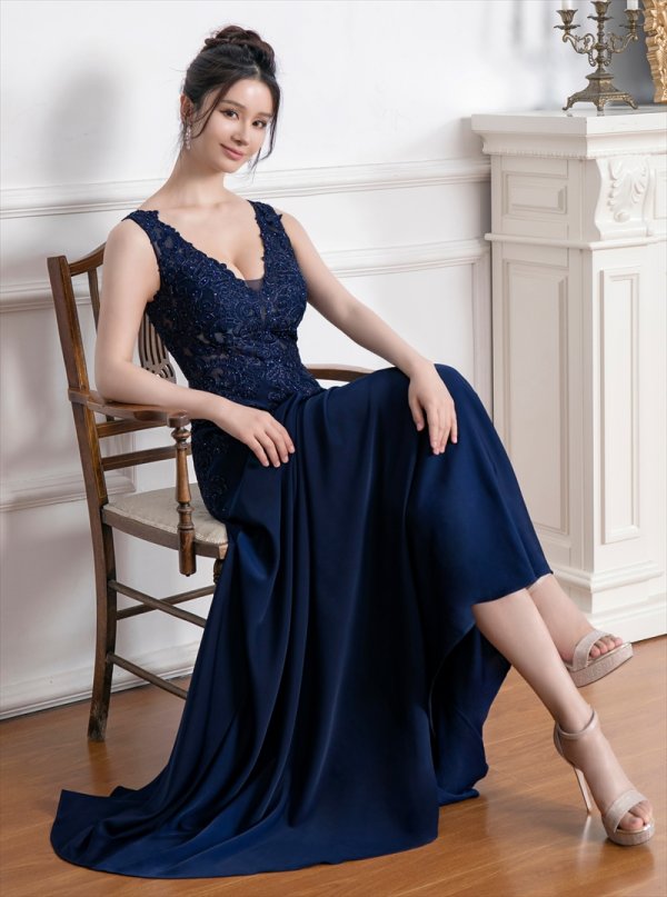 画像16: [送料無料][SETTAN]ベージュ・ワインレッド・ネイビー・ホワイト・ロイヤルブルー・エレガント・レース・金糸・ラインストーン・シアー・Aライン・ロングドレス[即日発送][大きいサイズあり] (16)