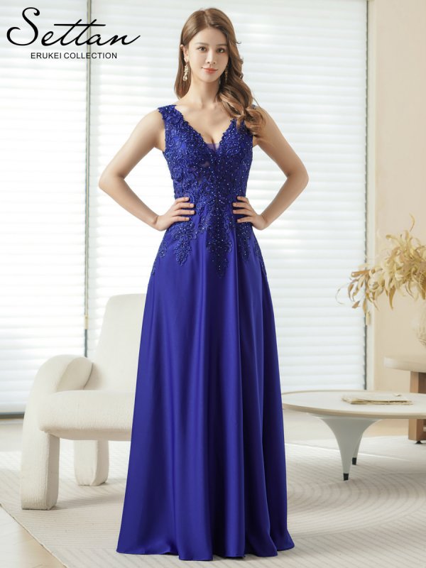 画像1: [送料無料][SETTAN]ロイヤルブルー・ネイビー・ホワイト・ベージュ・ワインレッド・エレガント・レース・金糸・ラインストーン・シアー・Aライン・ロングドレス[即日発送][大きいサイズあり] (1)