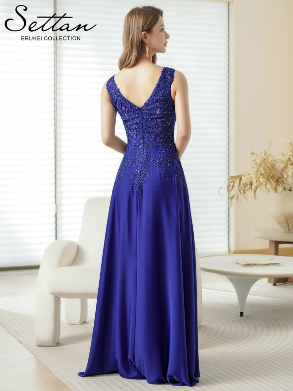 画像3: [送料無料][SETTAN]ロイヤルブルー・ネイビー・ホワイト・ベージュ・ワインレッド・エレガント・レース・金糸・ラインストーン・シアー・Aライン・ロングドレス[即日発送][大きいサイズあり] (3)