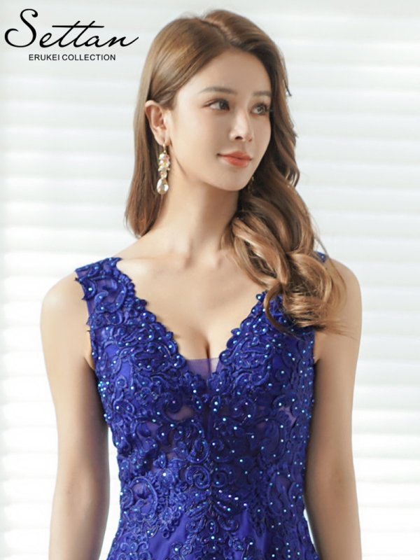 画像4: [送料無料][SETTAN]ロイヤルブルー・ネイビー・ホワイト・ベージュ・ワインレッド・エレガント・レース・金糸・ラインストーン・シアー・Aライン・ロングドレス[即日発送][大きいサイズあり] (4)