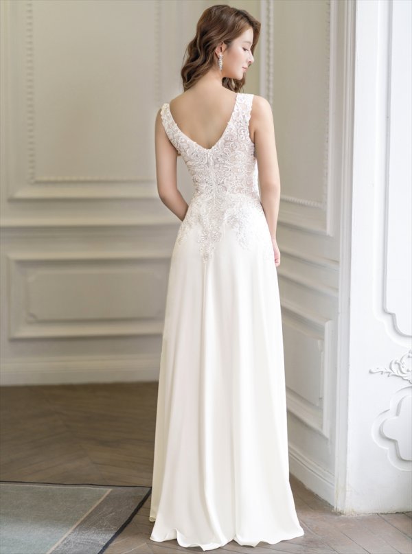 画像3: [送料無料][SETTAN]ホワイト・ベージュ・ワインレッド・ネイビー・ロイヤルブルー・エレガント・レース・金糸・ラインストーン・シアー・Aライン・ロングドレス[即日発送][大きいサイズあり] (3)