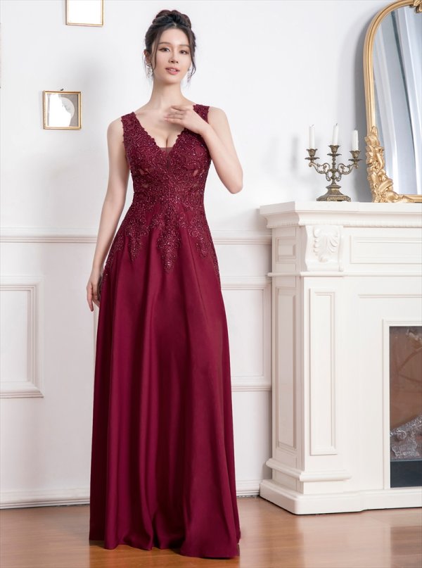 画像13: [送料無料][SETTAN]ホワイト・ベージュ・ワインレッド・ネイビー・ロイヤルブルー・エレガント・レース・金糸・ラインストーン・シアー・Aライン・ロングドレス[即日発送][大きいサイズあり] (13)