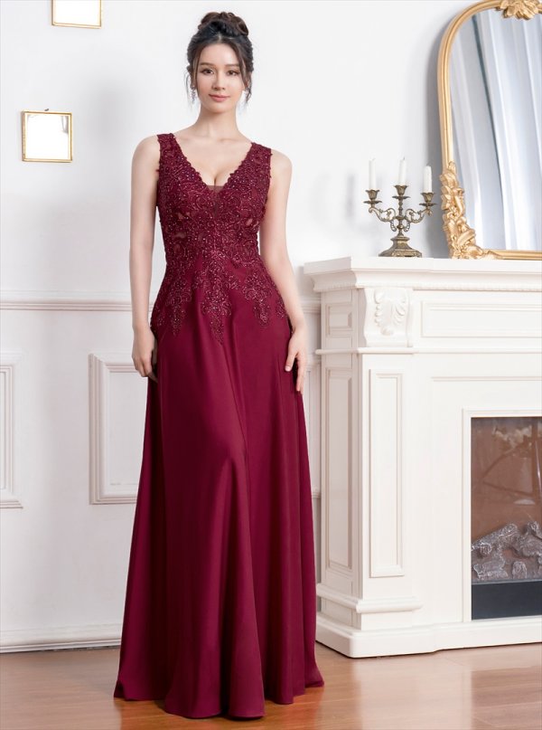 画像5: [送料無料][SETTAN]ワインレッド・ネイビー・ホワイト・ベージュ・ロイヤルブルー・エレガント・レース・金糸・ラインストーン・シアー・Aライン・ロングドレス[即日発送][大きいサイズあり] (5)