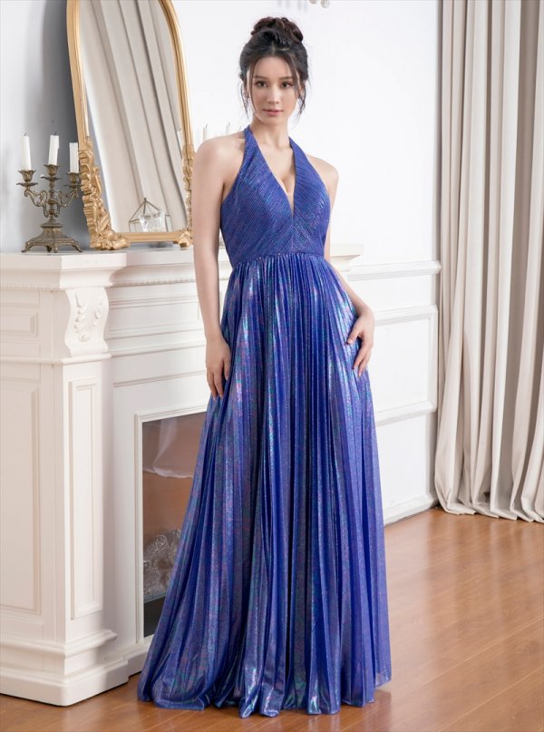 画像3: [送料無料][SETTAN]ロイヤルブルー・グリーン・ベージュ・ホワイト・ホルターネック・ラメ・プリーツ・ロングドレス[即日発送][大きいサイズあり] (3)