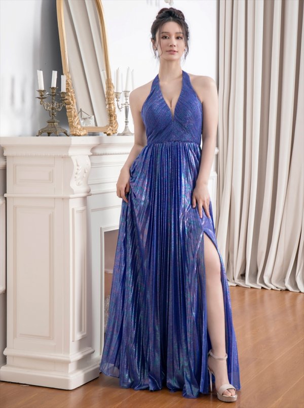 画像6: [送料無料][SETTAN]ロイヤルブルー・グリーン・ベージュ・ホワイト・ホルターネック・ラメ・プリーツ・ロングドレス[即日発送][大きいサイズあり] (6)