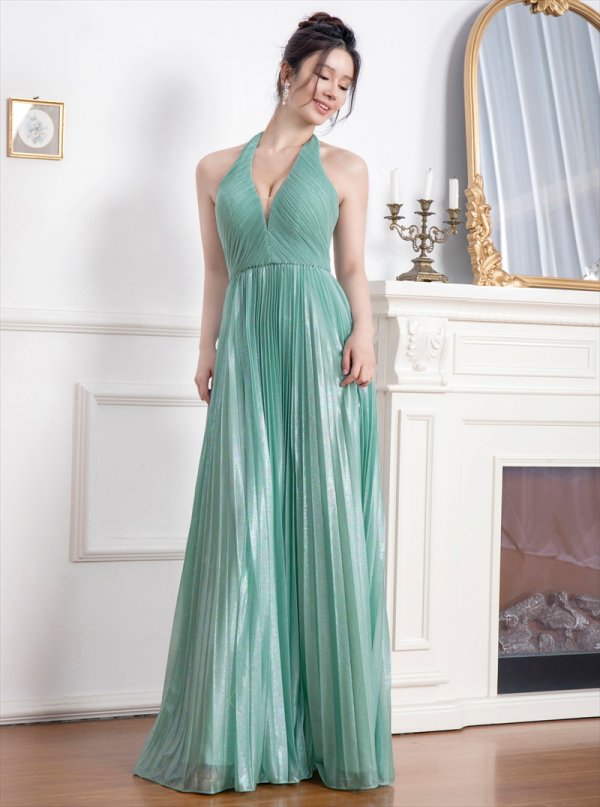 画像2: [送料無料][SETTAN]グリーン・ベージュ・ホワイト・ロイヤルブルー・ホルターネック・ラメ・プリーツ・ロングドレス[即日発送][大きいサイズあり] (2)