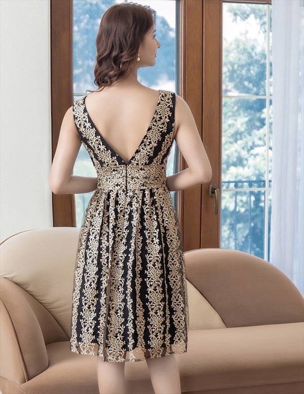 画像9: [送料無料][SETTAN]シルバー×ブラック・ベージュ×ブラック・Vネック・刺繍・レース・Aライン・ミディアムドレス・ワンピース[即日発送][大きいサイズあり] (9)