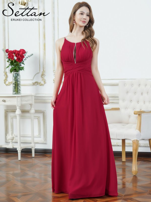 画像1: [送料無料][SETTAN]レッド・ホワイト・イエロー・ワンカラー・シフォン・胸元カット・ラインストーン・キャミソール・エレガント・Aライン・ロングドレス[即日発送][大きいサイズあり] (1)