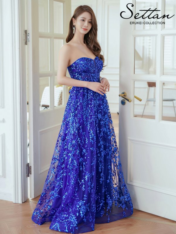 画像2: [送料無料][SETTAN]ロイヤルブルー・チュールレース・ベアトップ・スピンドル・スパンコール・刺繍・Aライン・フレア・ロングドレス[即日発送][大きいサイズあり] (2)