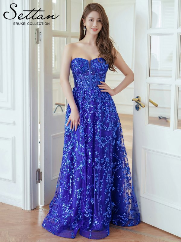 画像5: [送料無料][SETTAN]ロイヤルブルー・チュールレース・ベアトップ・スピンドル・スパンコール・刺繍・Aライン・フレア・ロングドレス[即日発送][大きいサイズあり] (5)