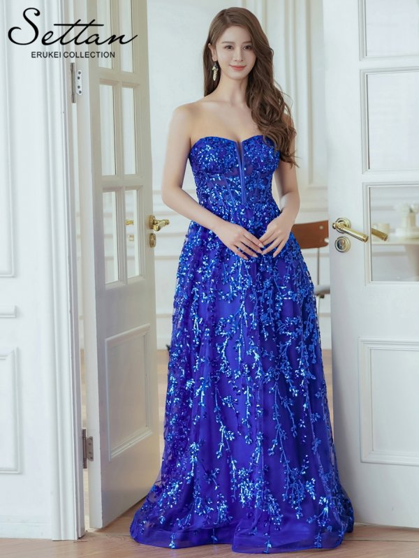 画像6: [送料無料][SETTAN]ロイヤルブルー・チュールレース・ベアトップ・スピンドル・スパンコール・刺繍・Aライン・フレア・ロングドレス[即日発送][大きいサイズあり] (6)