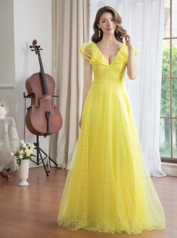 画像8: [送料無料][SETTAN]ホワイト・イエロー・フリルスリーブ・ドット・チュールレース・Vネック・Aライン・ロングドレス[即日発送][大きいサイズあり] (8)