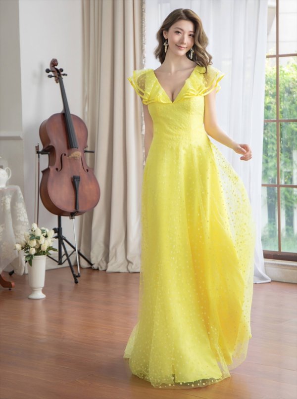 画像9: [送料無料][SETTAN]ホワイト・イエロー・フリルスリーブ・ドット・チュールレース・Vネック・Aライン・ロングドレス[即日発送][大きいサイズあり] (9)