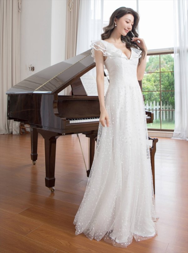 画像2: [送料無料][SETTAN]ホワイト・イエロー・フリルスリーブ・ドット・チュールレース・Vネック・Aライン・ロングドレス[即日発送][大きいサイズあり] (2)