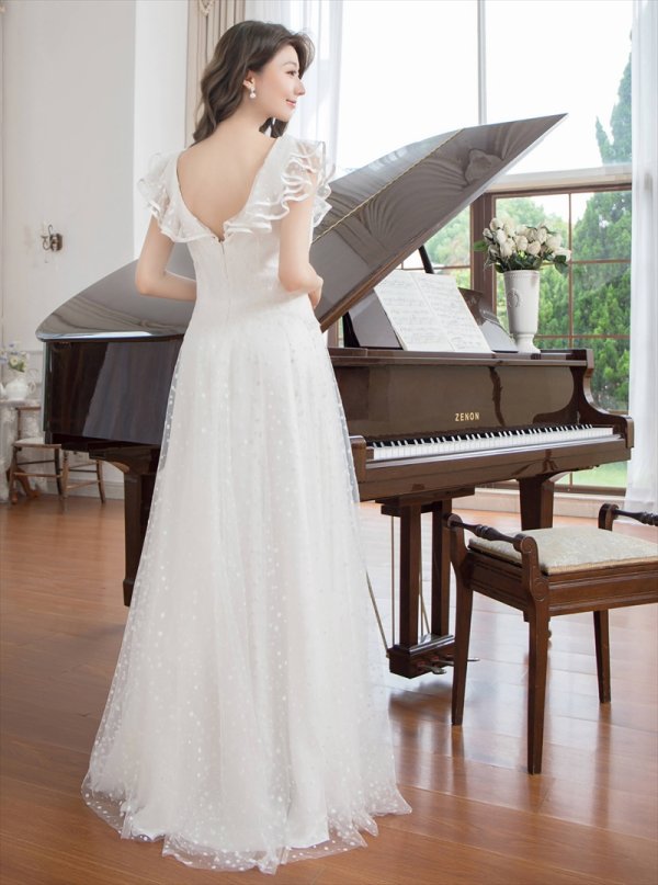 画像3: [送料無料][SETTAN]ホワイト・イエロー・フリルスリーブ・ドット・チュールレース・Vネック・Aライン・ロングドレス[即日発送][大きいサイズあり] (3)