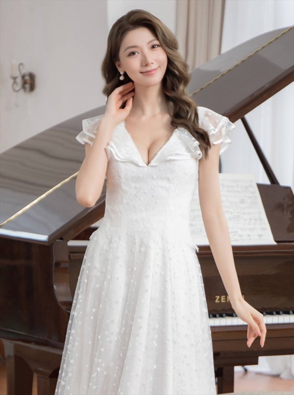 画像4: [送料無料][SETTAN]ホワイト・イエロー・フリルスリーブ・ドット・チュールレース・Vネック・Aライン・ロングドレス[即日発送][大きいサイズあり] (4)