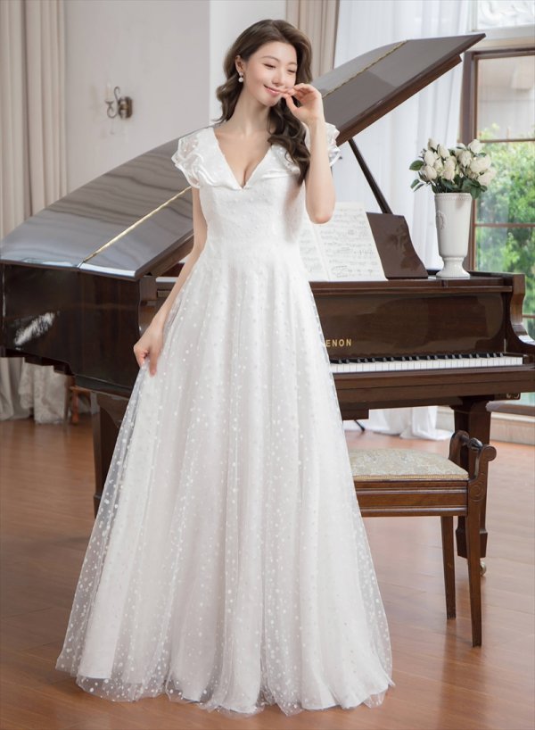 画像5: [送料無料][SETTAN]ホワイト・イエロー・フリルスリーブ・ドット・チュールレース・Vネック・Aライン・ロングドレス[即日発送][大きいサイズあり] (5)