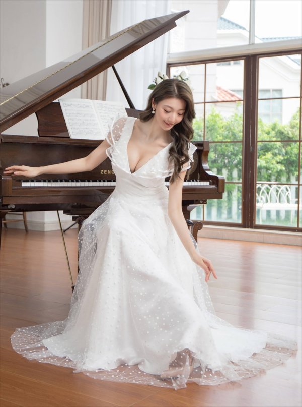 画像6: [送料無料][SETTAN]ホワイト・イエロー・フリルスリーブ・ドット・チュールレース・Vネック・Aライン・ロングドレス[即日発送][大きいサイズあり] (6)