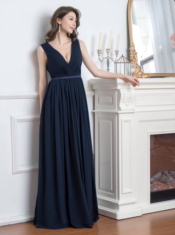 画像17: [送料無料][SETTAN]ホワイト・ピンク・ネイビー・ノースリーブ・プリーツ・Vネック・シンプル・Aライン・ロングドレス[即日発送][大きいサイズあり] (17)