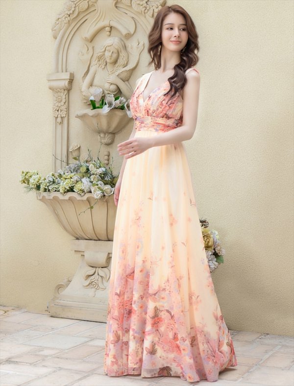 画像19: [送料無料][SETTAN]ブルー・パープル・ホワイト・ベージュシフォン・花柄・フラワープリント・Aライン・Vネック・ノースリーブ・ロングドレス[即日発送][大きいサイズあり] (19)