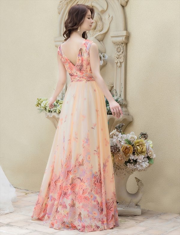 画像20: [送料無料][SETTAN]ブルー・パープル・ホワイト・ベージュシフォン・花柄・フラワープリント・Aライン・Vネック・ノースリーブ・ロングドレス[即日発送][大きいサイズあり] (20)