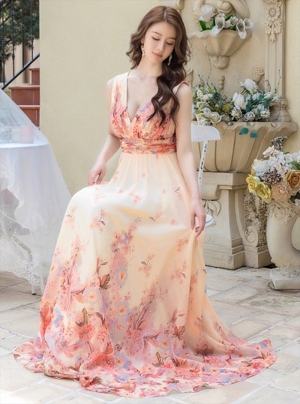 画像6: [送料無料][SETTAN]ベージュ・ホワイト・ブルー・パープル・フラワープリント・Aライン・Vネック・ノースリーブ・ロングドレス[即日発送][大きいサイズあり] (6)