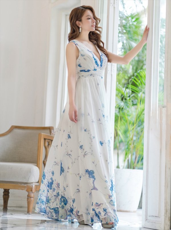 画像2: [送料無料][SETTAN]ブルー・パープル・ホワイト・ベージュシフォン・花柄・フラワープリント・Aライン・Vネック・ノースリーブ・ロングドレス[即日発送][大きいサイズあり] (2)