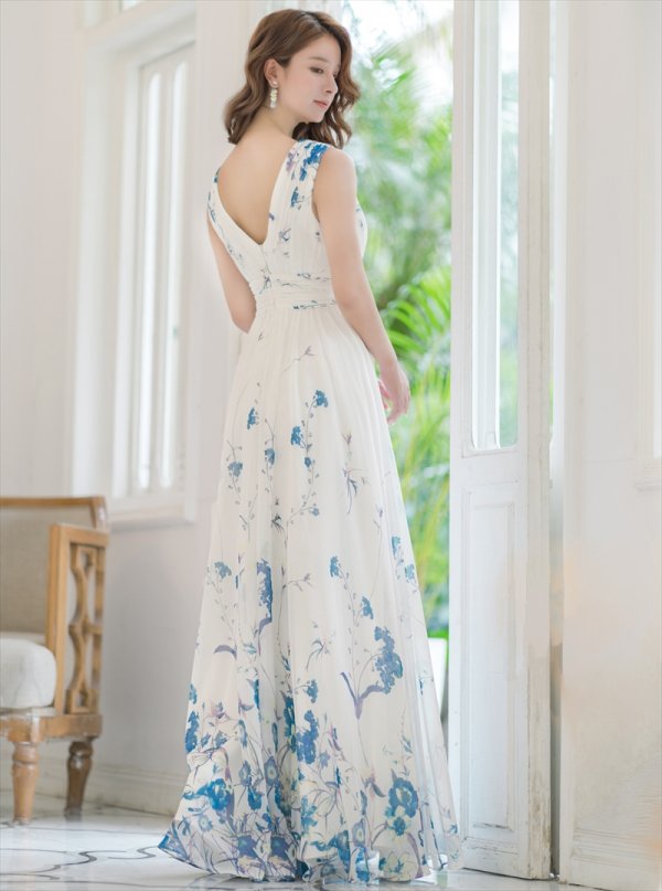 画像3: [送料無料][SETTAN]ブルー・パープル・ホワイト・ベージュシフォン・花柄・フラワープリント・Aライン・Vネック・ノースリーブ・ロングドレス[即日発送][大きいサイズあり] (3)