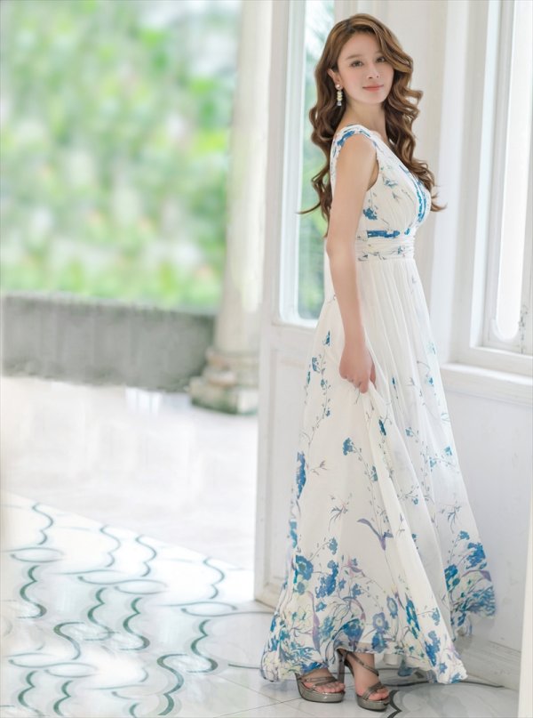 画像6: [送料無料][SETTAN]ブルー・パープル・ホワイト・ベージュシフォン・花柄・フラワープリント・Aライン・Vネック・ノースリーブ・ロングドレス[即日発送][大きいサイズあり] (6)