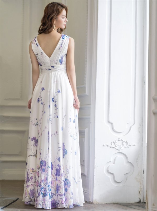 画像9: [送料無料][SETTAN]ブルー・パープル・ホワイト・ベージュシフォン・花柄・フラワープリント・Aライン・Vネック・ノースリーブ・ロングドレス[即日発送][大きいサイズあり] (9)