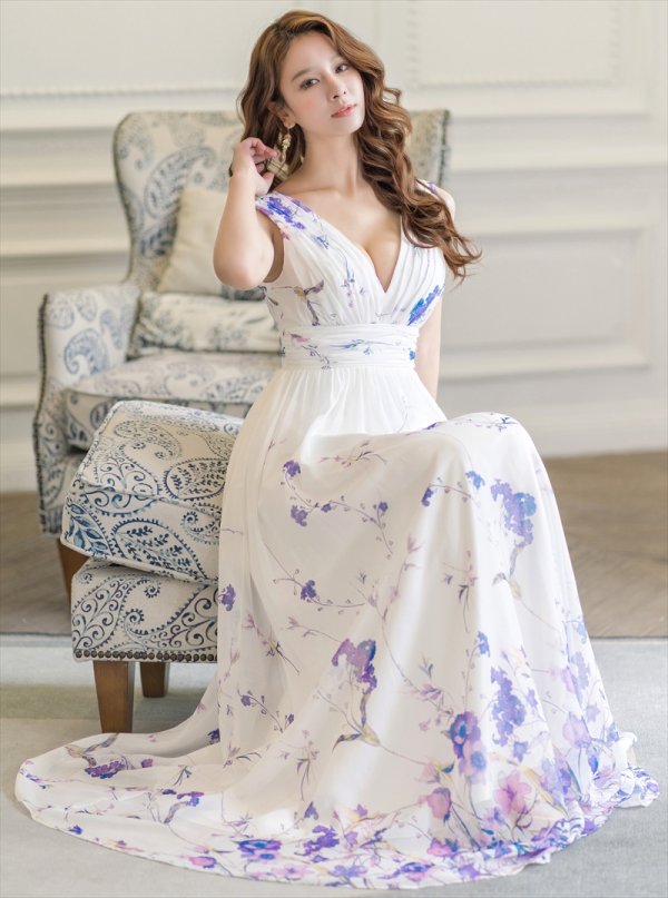 画像12: [送料無料][SETTAN]ブルー・パープル・ホワイト・ベージュシフォン・花柄・フラワープリント・Aライン・Vネック・ノースリーブ・ロングドレス[即日発送][大きいサイズあり] (12)