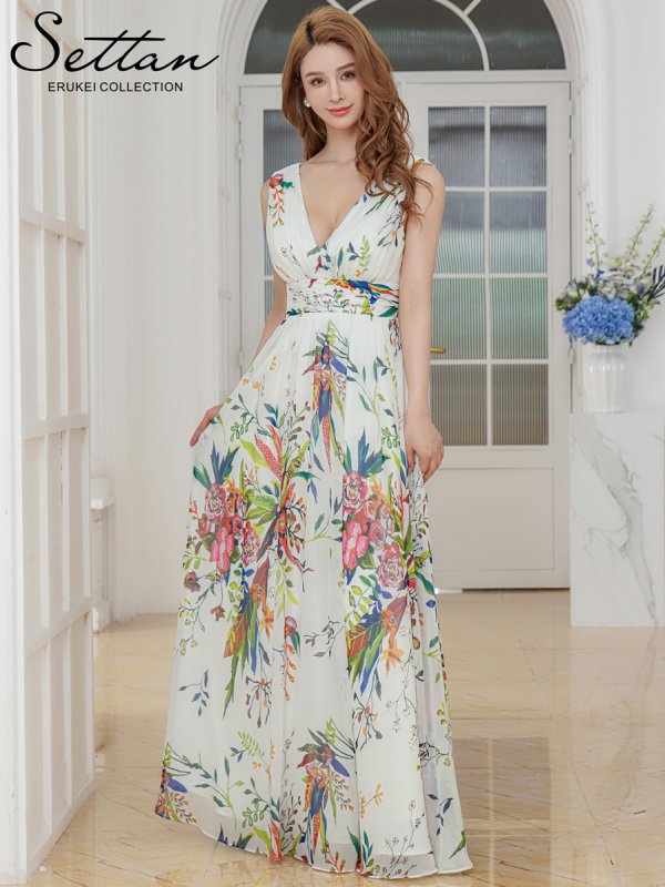 画像14: [送料無料][SETTAN]ブルー・パープル・ホワイト・ベージュシフォン・花柄・フラワープリント・Aライン・Vネック・ノースリーブ・ロングドレス[即日発送][大きいサイズあり] (14)